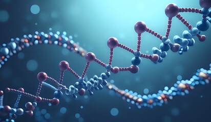 Holographic rendering of a DNA chromosomes representing digital, high-tech advances in medicine and human health in cool tones.