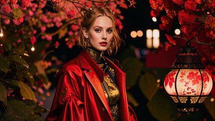 araffe woman in red coat standing next to a lamp