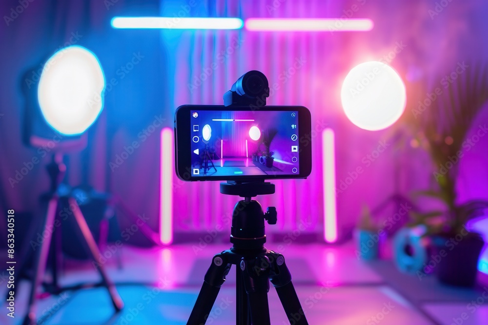 Poster a smartphone is mounted on a tripod, recording a video in a studio setting with neon lights and othe