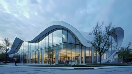 Fototapeta premium view of futuristic architecture, Skyscraper of office building with curve glass window, 3D rendering