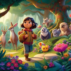 A Cute Character Wondering in the Jungle while surrounded by Animals