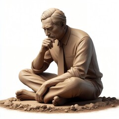 Clay Sculpture of Middle-Aged Man Thinking, Sitting on the Floor