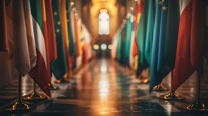 Row of international flags displayed in a line  global business symbolism and cultural diversity