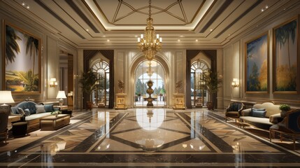 Fototapeta premium Step into luxury at this exquisite hotel lobby with its elegant furnishings and stunning grand entrance.