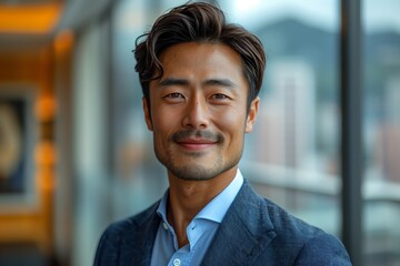 Obraz premium Confident Asian Businessman in City Executing AI Work