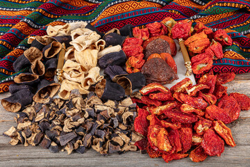 Dried local vegetables. Sun dried peppers, eggplants, zucchini and okra hanging on a rope sold at local market in Turkey. Healthy life concept.