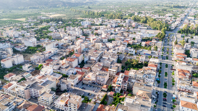 Aerial panoramic view of Sparta city with Taygetus mountains and ancient ruins remains in Peloponnese, Greece