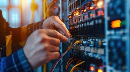 Closeup of an electrical engineer using measuring equipment to check electricity at a circuit breaker and cable wiring system for maintenance in the main power distribution board