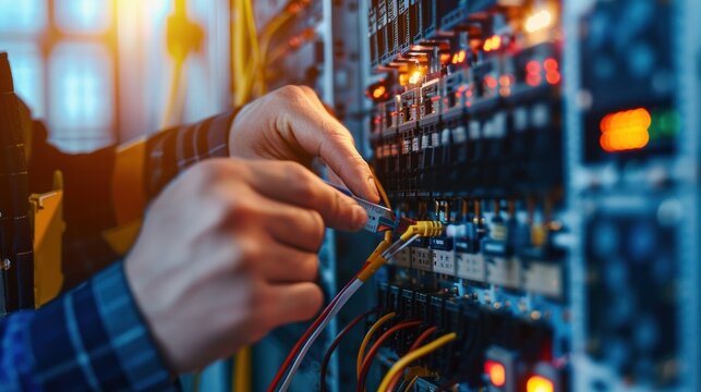 Closeup of an electrical engineer using measuring equipment to check electricity at a circuit breaker and cable wiring system for maintenance in the main power distribution board