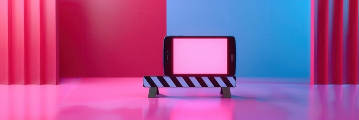 A smartphone displaying streaming video content in a studio setting with a pink and blue background. Generative AI