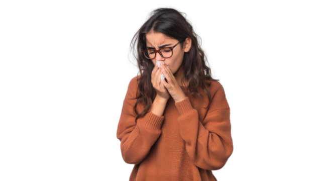 Young hispanic girl wearing casual clothes and glasses feeling unwell and coughing as symptom for cold or bronchitis on transparent background - Powered by Adobe