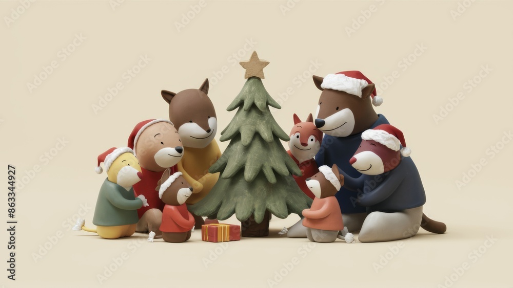 Canvas Prints A group of animals are gathered around a christmas tree, AI