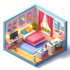 Isometric 3D Image of a Cute Colorful Kids Bedroom