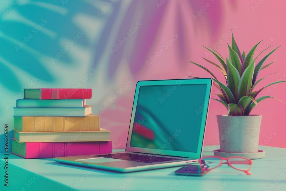 Poster A laptop computer sits open on a desk alongside a stack of textbooks, symbolizing the modern methods of learning. Generative AI