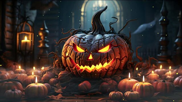 Halloween background with evil pumpkin and candles in spooky environment. Banner background concept for Halloween holiday event.