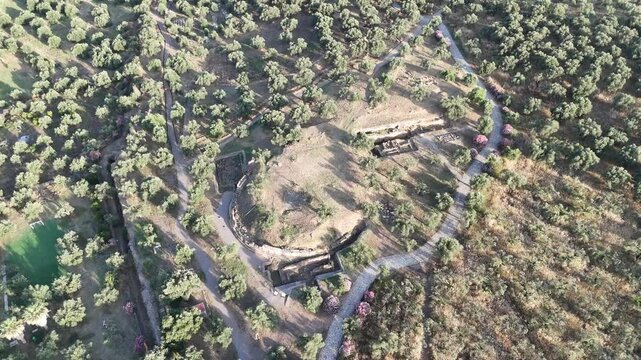 Aerial panoramic view of Sparta city with Taygetus mountains and ancient ruins remains in Peloponnese, Greece