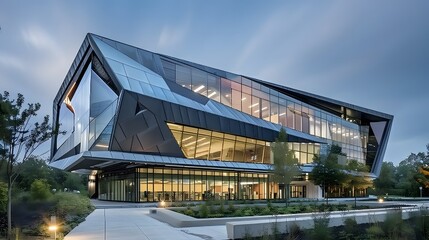 Obraz premium view of futuristic architecture, Skyscraper of office building with curve glass window, 3D rendering