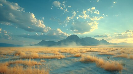 Obraz premium Golden Grass and Mountains Under a Blue Sky at Sunset