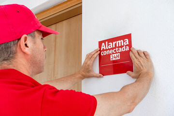 Technician installing an alarm sign in spanish 