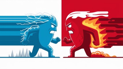 Fototapeta premium Two cartoon characters are running in opposite directions with fire and ice, AI