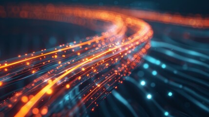 Fototapeta premium Glowing electricity cable connection in an abstract internet cyber concept background with optical cords for telecommunication