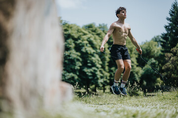Young shirtless man executing a skipping rope workout outdoors in a lush green park. Concept of...