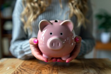 Obraz premium Financial Savings: Woman Holding Piggy Bank on Table