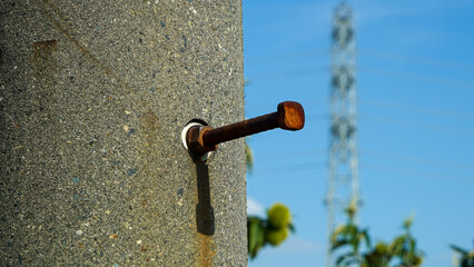 Rusty nail stuck in a telephone pole