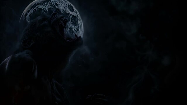 A werewolf transforms under the light of a full moon in a dark forest