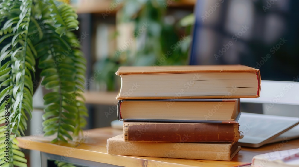 Aufkleber stack of textbooks next to a laptop on a wooden desk, symbolizing modern education methods. generati