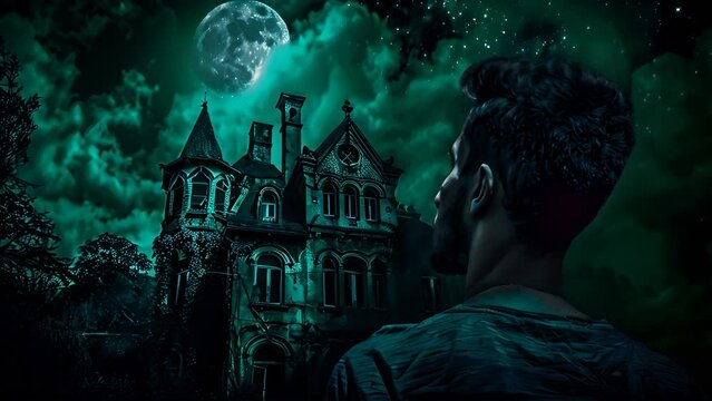 A man stands before a creepy, abandoned house under a full moon. He stares at the windows and the darkness within. This is a scene from a fictional story
