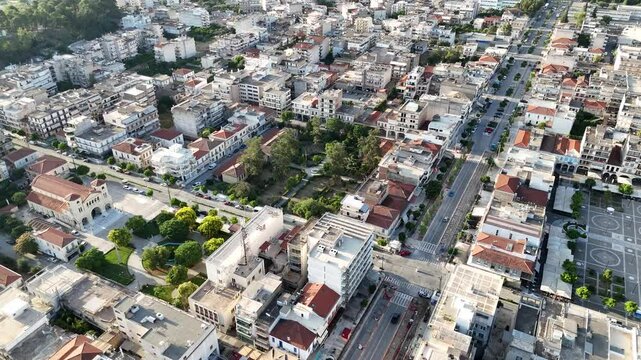Aerial panoramic view of Sparta city with Taygetus mountains and ancient ruins remains in Peloponnese, Greece