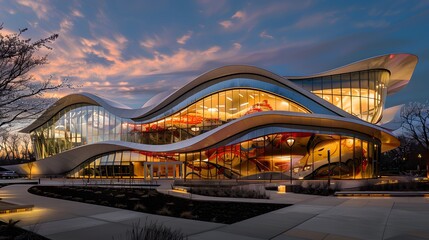 Obraz premium view of futuristic architecture, Skyscraper of office building with curve glass window, 3D rendering