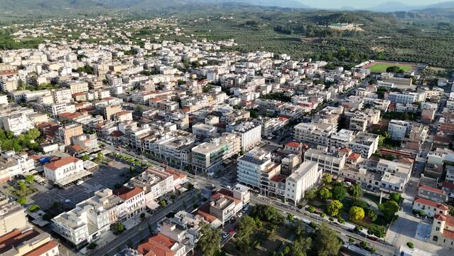 Aerial panoramic view of Sparta city with Taygetus mountains and ancient ruins remains in Peloponnese, Greece