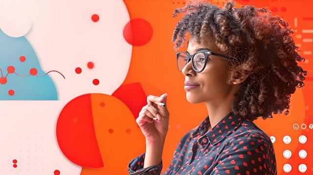 A woman is analyzing data charts while looking at graphs and diagrams on a white board. She is focusing on the information and making notes