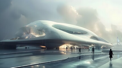Fototapeta premium view of futuristic architecture, Skyscraper of office building with curve glass window, 3D rendering