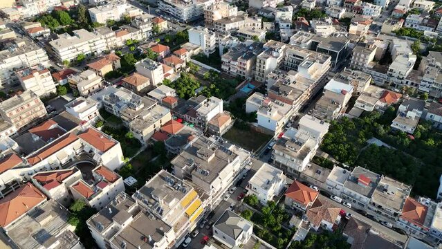 Aerial panoramic view of Sparta city with Taygetus mountains and ancient ruins remains in Peloponnese, Greece