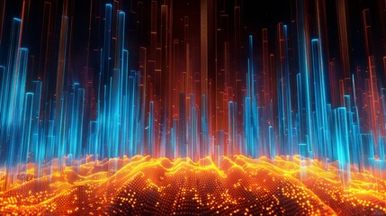 Abstract futuristic cityscape with glowing blue and orange lights. High-tech digital landscape featuring towering vertical lines and dynamic patterns