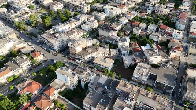 Aerial panoramic view of Sparta city with Taygetus mountains and ancient ruins remains in Peloponnese, Greece