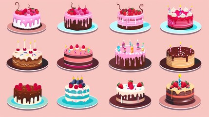 Vector design of a set of birthday cakes Collection includes colorful and delicious flavors for party elements