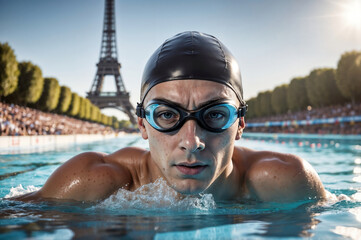 Front close up portrait of mid adult male professional swimmer wearing goggles and cap in the pool, concept of athlete competing at swimming event, with the Eiffel tower in the background