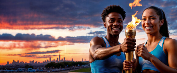 Young Caucasian woman and African man, athletes carrying torch with the olympic fire on sunset skyline background. Concept of diversity and unity at the olympic games, panoramic banner with copy space