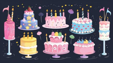Vector design of a set of birthday cakes Collection includes colorful and delicious flavors for party elements