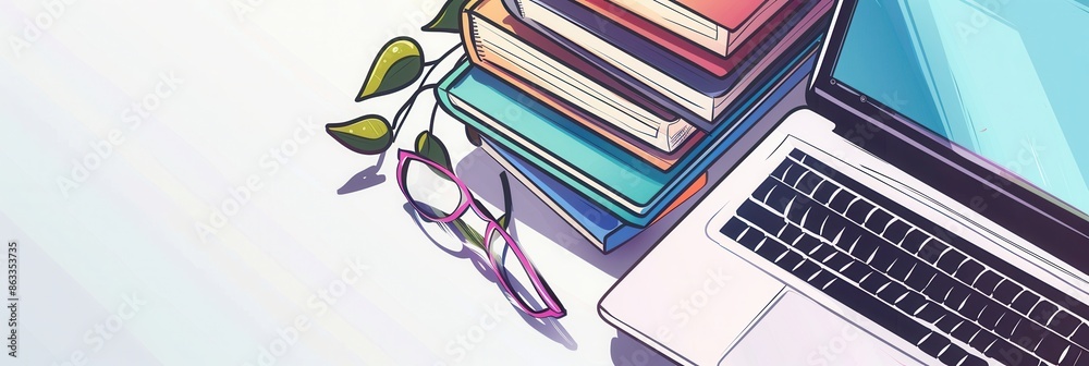 Poster a modern desk setup with a laptop, textbooks, and glasses, symbolizing the contemporary methods of l