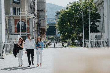 Business team walking in an urban area, discussing and enjoying sunny weather. Professional attire, teamwork, and outdoor setting. Collaboration and city life concepts.