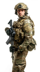 Fototapeta premium A soldier equipped with modern military gear, including a helmet, bulletproof vest, and rifle, stands ready.