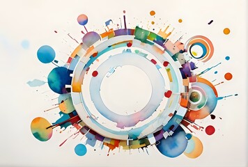Obraz premium Abstract watercolor illustration featuring colorful concentric circles and dynamic splashes, isolated on a white background. Ideal for modern art projects, backgrounds, and design elements.