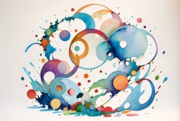 Abstract watercolor illustration of dynamic colorful circles and splashes, isolated on a white background. Perfect for modern art projects, backgrounds, and design elements.