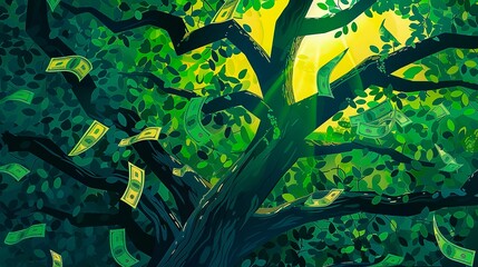 flat illustration, money growing on trees, 