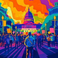 flat illustration vector, portrait of protesting in front of a government building city street, with protest signs,